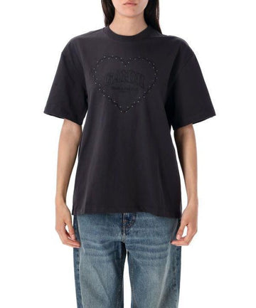 Ganni Black Heavy Cotton Drop Shoulder Heart T-Shirt T4057 252 151057399