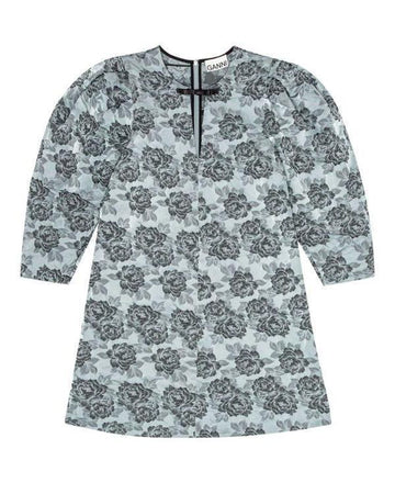 GANNI Blaues florales Jacquard A-Linien Mini-Kleid Illusion Blau 628 151058290