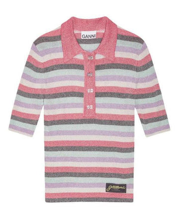 GANNI ピンク ストライプ スパークル リブ ポロ Tシャツ K2480 999 151058389