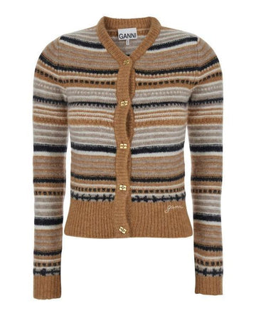 Ganni BROWN Striped Soft Wool Cardigan 151058615