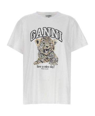 GANNI ホワイトベーシックジャージレオパードリラックスTシャツ T4124 943 151057387