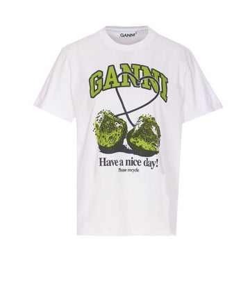 Ganni White Basic Jersey Cherry Relaxed T-Shirt Print T4291 151 151057346