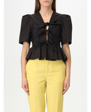 Ganni Black Stretch Cotton Tie Strap Blouse W0378 099 151057312