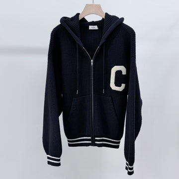 CELINE C Logo College Wollstrick Hoodie Jacke Navy 156004122