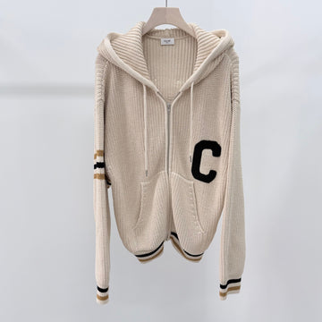 CELINE Cロゴカレッジウールニットフードジップアップライトブラウン 156004289