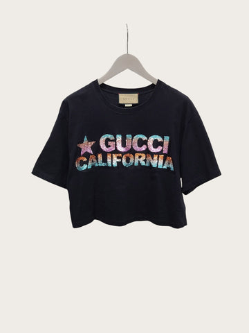Gucci Black Sequin Logo Cotton Jersey Cropped T-Shirt 156051089