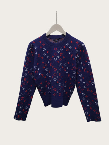 LOUIS VUITTON ネイビーマルチカラー モノグラム ジャカード プルオーバーニット 156051201