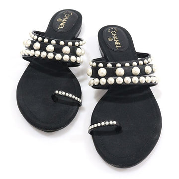 CHANEL G31652 Black Fabric Calfskin Pearl Slippers for Women 35.5C 156052064