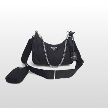 PRADA ブラック 1BH204 リエディション サフィアーノ リナイロン ホーボー ショルダーバッグ 156102657