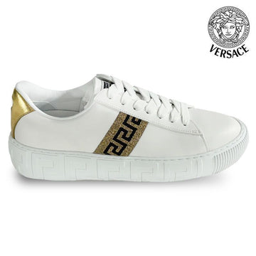 Versace Men's Metallic Tab Greca Leather Sneakers White/Gold DSU8404 1A01759 2W110 151075800