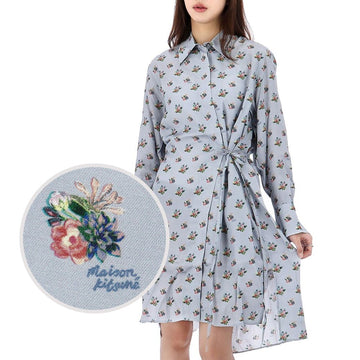 MAISON KITSUNE Saisonale Reduzierung Floral Druck Twill Kleid LW01607WF4017 GREYBLUE 66121393
