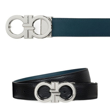 Salvatore Ferragamo Reversible Belt Black Titanium Blue Gancini 67 0644 0791060 156203776