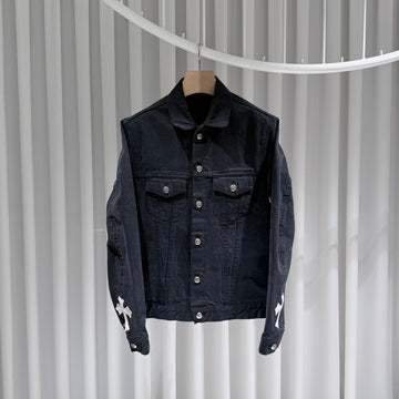 Chrome Hearts White Leather Cross Patch Black Denim Jacket 156218709