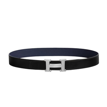 Hermes Reversible Leather Belt with H Buckle 32mm Black Navy 90 Silver Matte 156334640