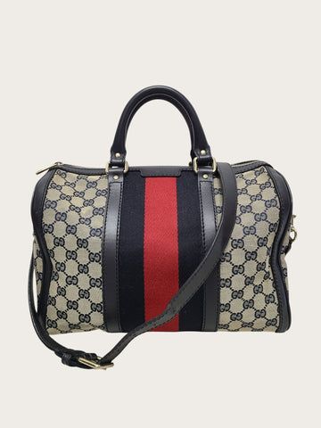 Gucci Navy Beige GG Jacquard Canvas Web Boston Bag 156559829