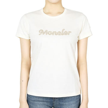 MONCLER Damen Perlenlogo Detail Rundhals Kurzarm T-Shirt (Elfenbein) 89AUO 034 131853585