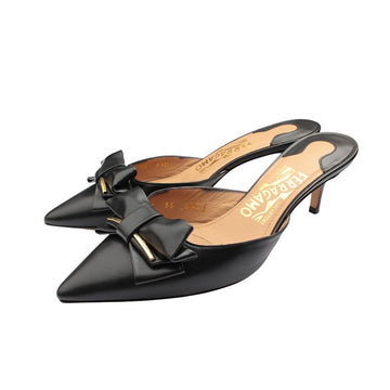 SALVATORE FERRAGAMO ブラック レザー リボン ミュール 6 1/2 D 156619149