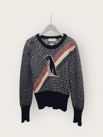 Thom Browne Navy Three Stripe Penguin Taping Round Knit 156690838