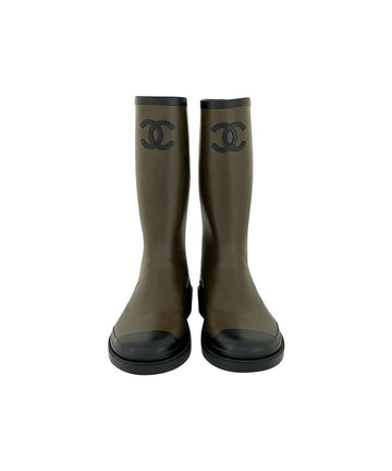 CHANEL 24A CC Logo Rubber Rain Boots 37 Khaki 5ET0059 124405403