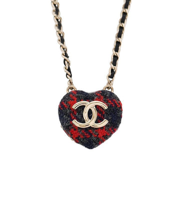 CHANEL 22K Tweed Heart Mirror Chain Necklace Red/Navy/Gold 5ET0541 130326890