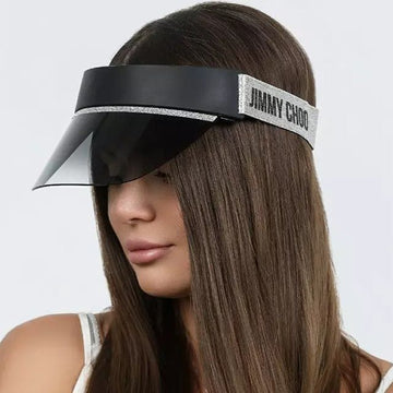 Jimmy Choo Calix Sun Visor Black Hiking Golf Cap Silver Pearl Banding Fashion 122652385