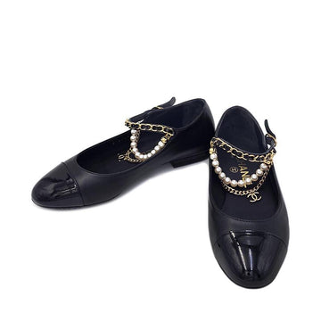 CHANEL Pearl Chain Strap Mary Jane Flat Shoes 35 Black 156799772