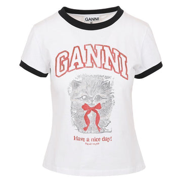 GANNI 26SS A1050030 151 クロップ キティ グラフィック ホワイト Tシャツ 150785395