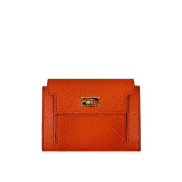 HERMES Damen Kelly Pocket Kompakt Appsong Kartenetui Wallet mit goldfarbener Verzierung Orange 155290491