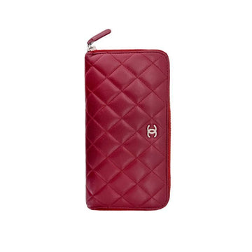 CHANEL Women's CC Logo Silver-Plated Lambskin Quilted Leather Zip Long Wallet Red A80143 143718911