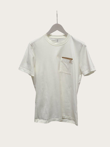 BRUNELLO CUCINELLI Weiße Leder Rundhals T-Shirt mit Tasche 156955383