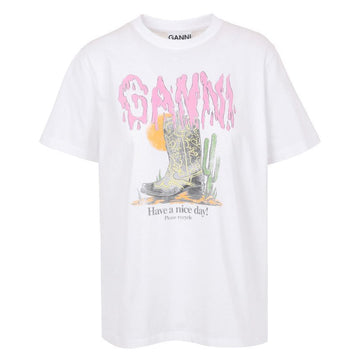 GANNI 26SS A1050075 151 ウェスタンブーツプリントホワイトTシャツ 150785401