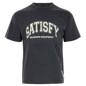 SATISFY Aged Black Varsity Logo Distressed Mosstech T-Shirt 156974934