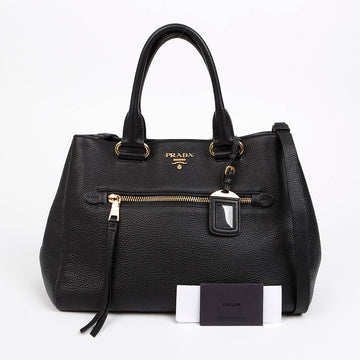 Prada Vitello Daino Leather Tote Shoulder Bag Black Gold Hardware 156513083