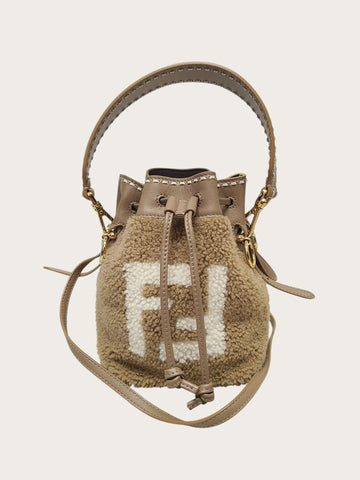 Fendi Brown FF Logo Shearling Mini Montrezzo Bucket Bag 156980429
