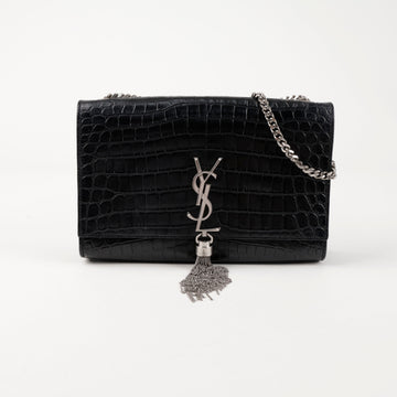 SAINT LAURENT Damen Kate Tassel Kroko Mittel Schultertasche Schwarz Silber 156509620 [P]