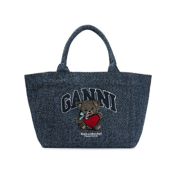 GANNI Damen Mittelgröße Trapez Shopper Tasche Bären Druck Denim 077 157030379