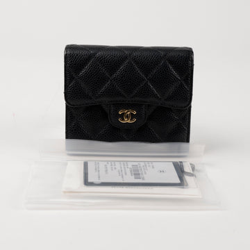 CHANEL クラシックキルティングキャビアフラップ財布ブラックゴールド 156509615
