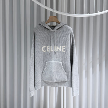 Celine Wool Ribbed Logo Knit Hoodie Grey 157092790