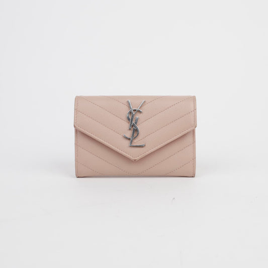 SAINT LAURENT Monogram Compact Drei-Fach Geldbörse Pink mit Silberbeschlag 156055418