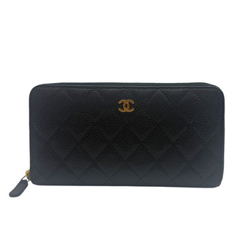 CHANEL Caviar Zip Around Long Wallet Gold Tone Black A50097 157159745