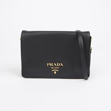 Prada Dino Leather Metal Logo Shoulder Bag Black Gold 157090805