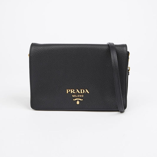 Prada Dino Leather Metal Logo Shoulder Bag Black Gold 157090805 [P]
