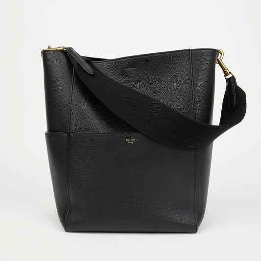 Celine Medium Leather Single Bucket Shoulder Bag Black 156922664 [P]