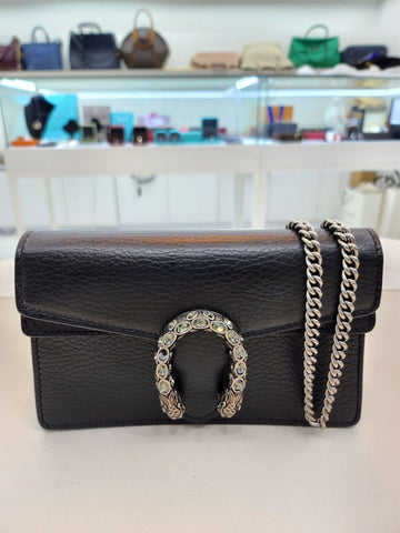 Gucci Black Leather Crystal Dionysus Super Mini Chain Crossbody Bag 476432 157196879