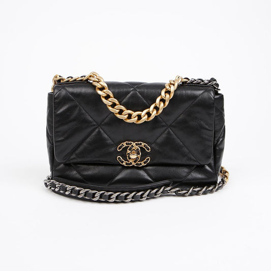 CHANEL 19百フラップチェーンミディアムブラックゴールド 156935620 [P]