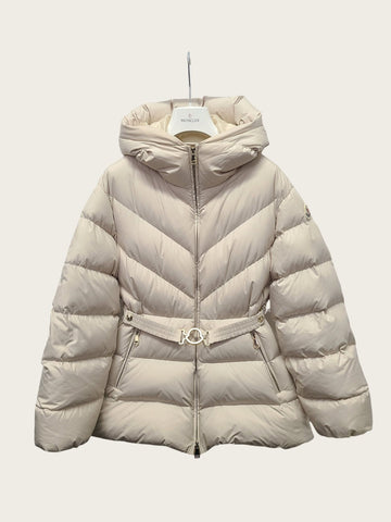 MONCLER Beige gesteppte Daunenjacke mit Kapuze und Gürtel 157203785