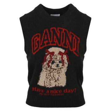 Ganni Poodle Graphic Wool Knit Black Sand Vest A1070044 052 150783933 [P]