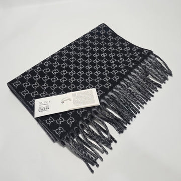 GUCCI Schwarzer Lichtgrauer Wolle Kaschmir GG Fransenschal 157204788
