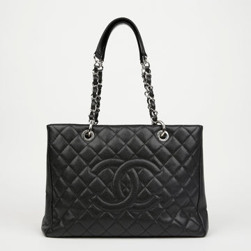 CHANEL Grainiertes Kalbsleder Caviar Grand Shopping Schultertasche Schwarz Silber 156979435