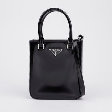 PRADA トライアングルロゴスモールブラシドレザートートバッグブラック 156908790